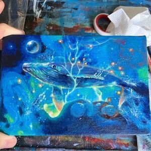 Whale Original Painting sprite surrealism sea art Seascape lightening Artettina